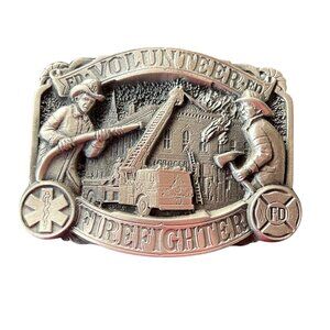 Vintage Volunteer Firefighter Belt Buckle Pure Pewter 1986 Fireman Truck Ladder
